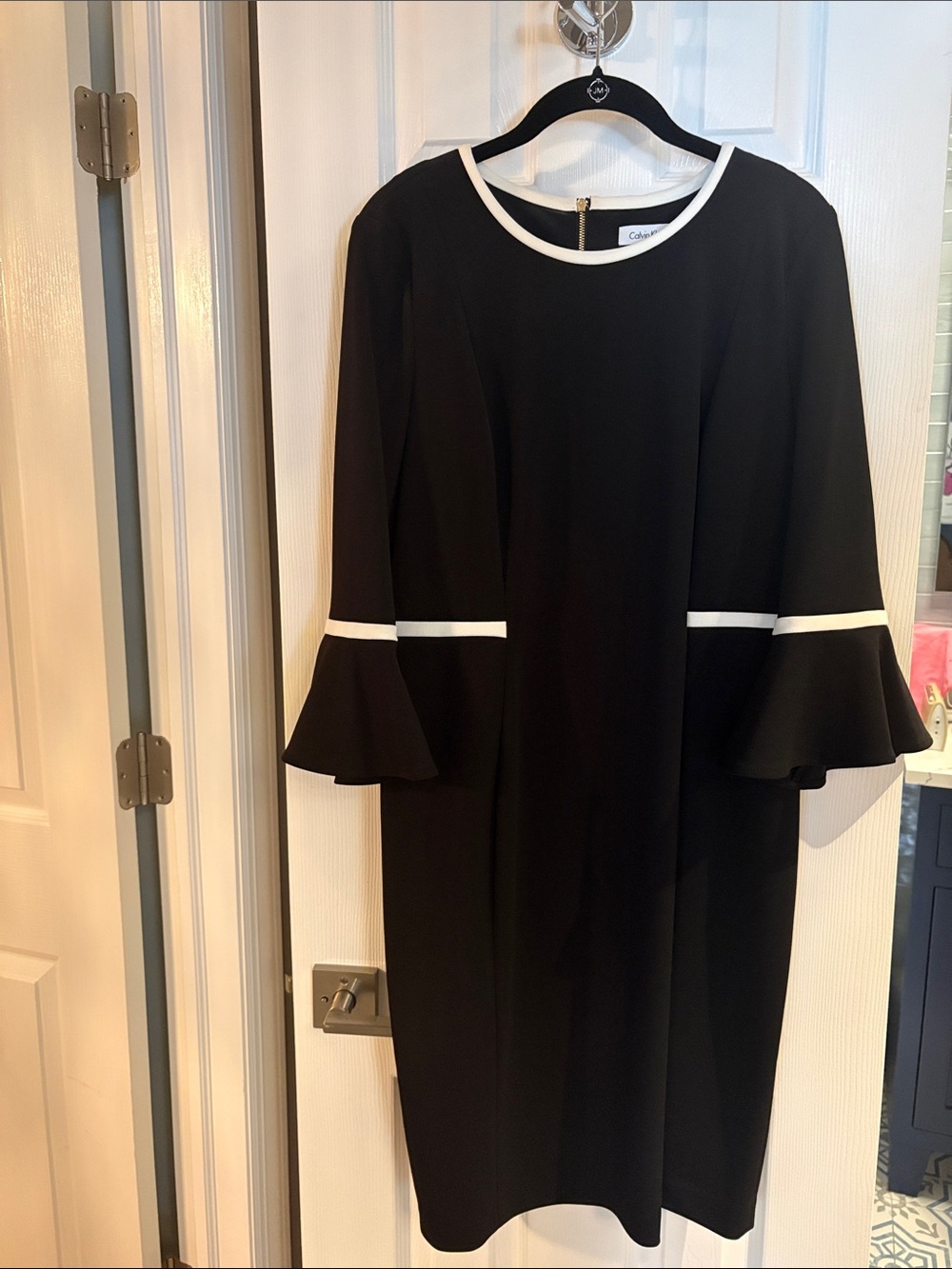 Calvin Klein Black Midi Dress with White Trim and Bell Sleeves